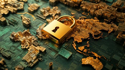 Securing global connections golden lock on world map digital representation modern environment aerial view cybersecurity concept