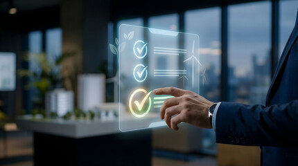 Project Manager Verifying Renewable Energy Checklist Hologram