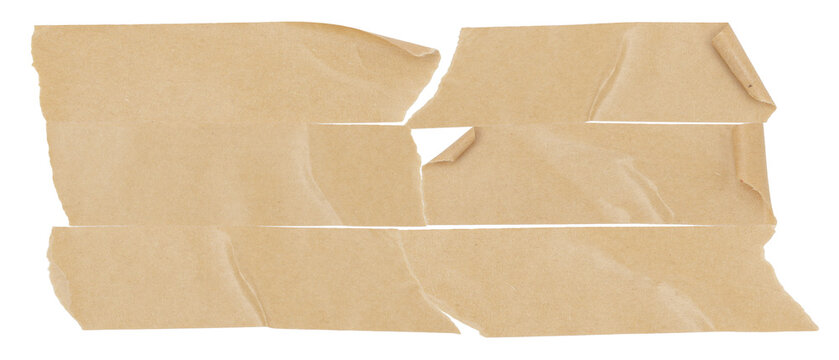 torn brown packing tape strips arranged horizontally on a transparent background.
