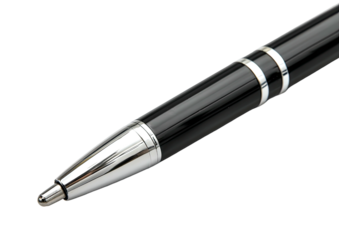 Black ballpoint pen with chrome accents, close up