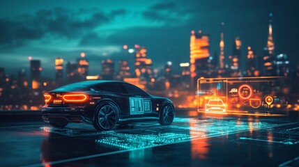 Futuristic electric car dashboard displaying key data urban cityscape digital art nighttime low angle technology innovation