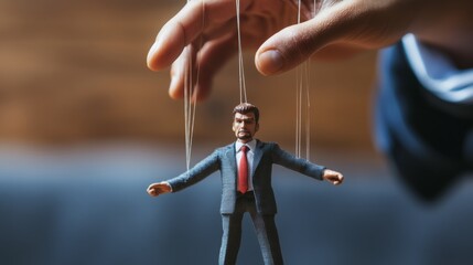 Manipulating control a hand with long fingers holding strings attached to a puppet business setting close-up shot symbolism of power