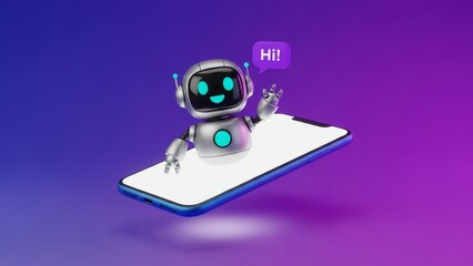 Friendly robot with glowing blue eyes and a purple speech bubble saying hi on a smartphone