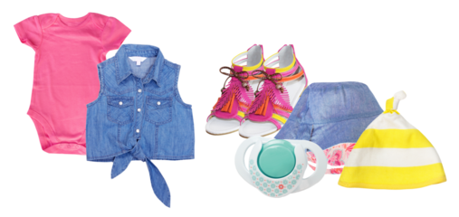 a flat lay of cute baby girl's summer outfit including a pink bodysuit, denim vest, sandals, and a sun hat, all isolated on a white background for easy use.