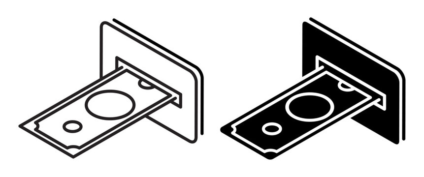 Linear isometric icon. Dollar cash is accepted into a bill acceptor at a street bank terminal. Simple vector isolated on white background