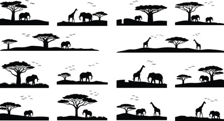 African savanna wildlife silhouette collection with elephants, giraffes and acacia trees, safari landscape vector set for travel, nature conservation and adventure themed designs © MstMousumi