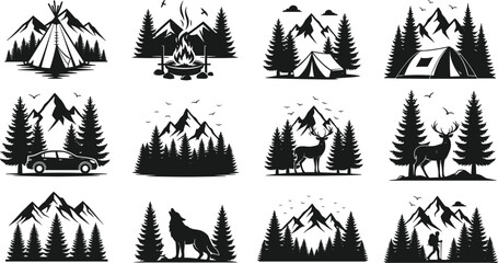Outdoor adventure camping silhouette set with tents, campfire, mountains, forest wildlife and hikers, nature travel landscape icons collection for exploration and tourism designs