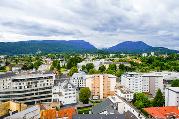 View of Villach and the surrounding landscape with mountains in Carinthia.
