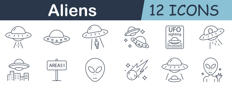 Aliens set icon. Flying saucers, abductions, meteors, extraterrestrial faces, stars, cities, Area 51 sign, and sighting poster illustrated in cosmic outline style.