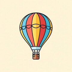 Obraz premium A vibrant vector illustration of a colorful hot air balloon with red, yellow, and blue stripes. The flat design features a simple brown basket and clean, bold outlines.