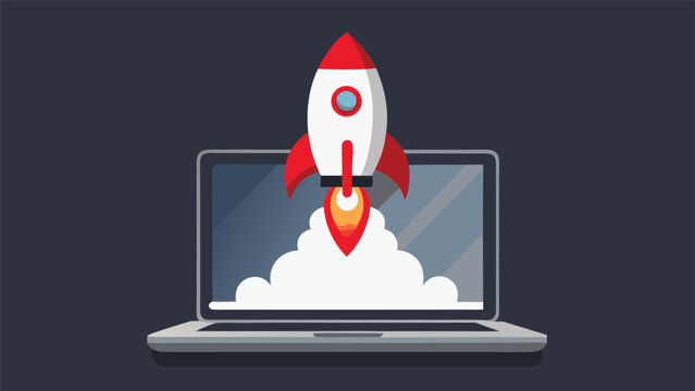 Laptop with a rocket launching out of it, symbolizing innovation and technology in a dynamic visual representation..eps