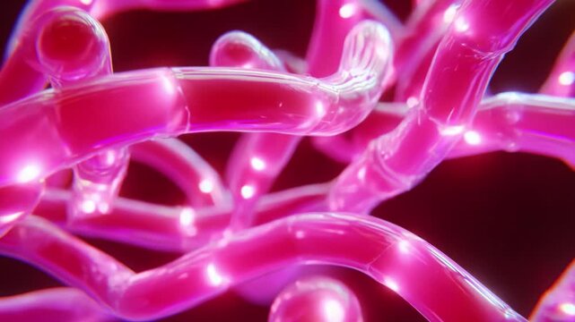 A Close-Up Exploration of Complex, Glowing Pink Structures in a Molecular Environment, Showcasing Intricate Patterns and Luminous Features Representing an Abstract Biological Network.