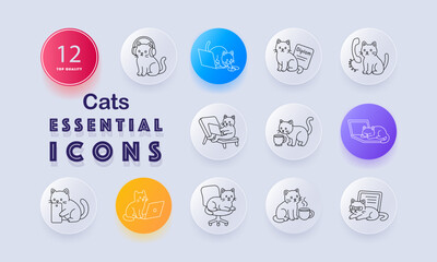Cats set icon. Sitting cat, headphones, yarn ball, diploma, phone, chair, laptop, coffee cup, screen, laying pose drawn in outlined pet activity theme.