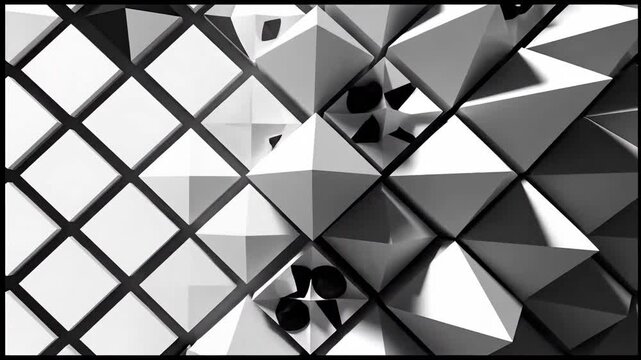 Abstract geometric pattern with white pyramids and squares creating a modern background.