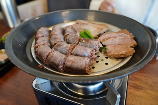 Assorted Korean traditional Sundae (blood sausage), a popular authentic street food platter