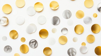 Elegant minimalist confetti celebration background with gold and silver circles for events festivities and creative projects