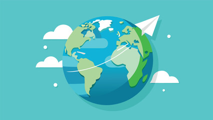 An illustration of a globe with a paper airplane, conveying themes of international travel and global communication..eps © zihad