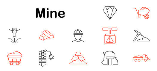 Mine set icon. Pickaxe, worker, dynamite, gold bar, diamonds, truck, helmet, cart, minerals, entrance, tools, wheelbarrow, tunnel, industry, excavation, rocks, resource.