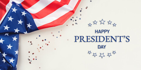 Obraz premium President's day. Beige background with American flag. Website banner and greeting card design template.