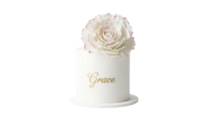 White celebration cake with flower and name Grace, cut out, stock png, isolated on transparent background