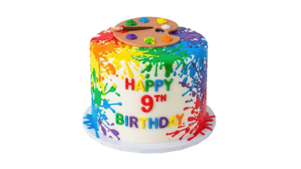 Colorful 9th birthday cake with paint design and palette, cut out, stock png, isolated on transparent background