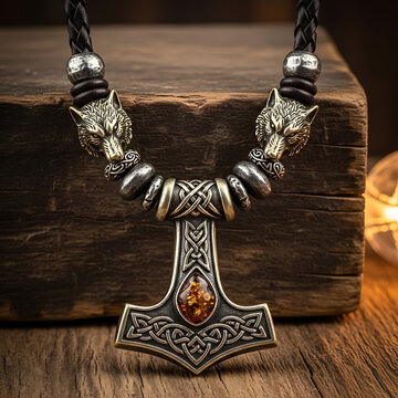 Viking Mj&ouml;lnir Pendant with Wolves and Amber