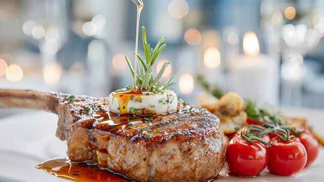Grilled steak with herb butter and sauce served with roasted cherry tomatoes and fresh vegetables on white plate