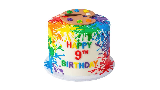 Colorful 9th birthday cake with paint design and palette, cut out, stock png, isolated on transparent background