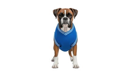 Brown boxer dog standing wearing blue shirt with white stripes, cut out, stock png, isolated on transparent background