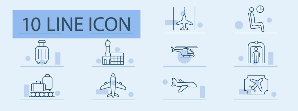 Airport set icon. Line icons with airplane, runway, helicopter, luggage, terminal, clock seat, metal detector, boarding ticket, baggage cart, airstrip