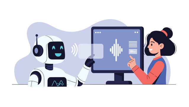 Humanoid robot and young girl interacting through a computer screen displaying audio waves to represent artificial intelligence in education.