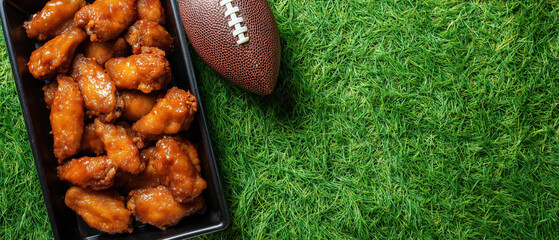 Wings on a black tray with football on turf, created AI
