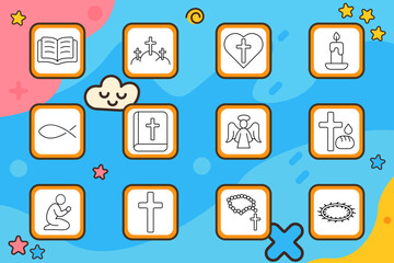 Christianity set icon. Cross, church, fish, bible, rosary, angel, crown, candle, prayer, symbol, heart religion elements for faith, belief, religion, worship, holy