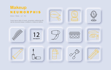 Makeup set icon. Lipstick, lips, mirror, eye shadow, foundation, mascara, brushes, powder, compact, comb, dryer