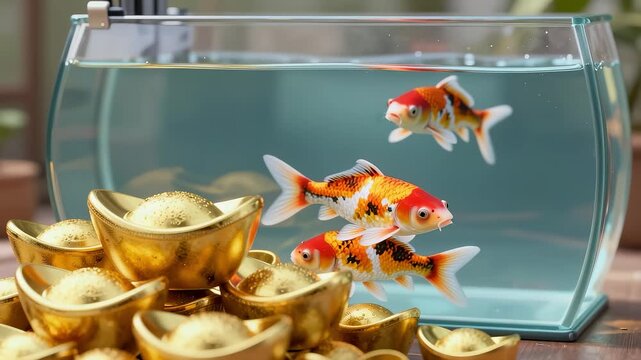 Tricolor koi swimming in tank with gold sycees