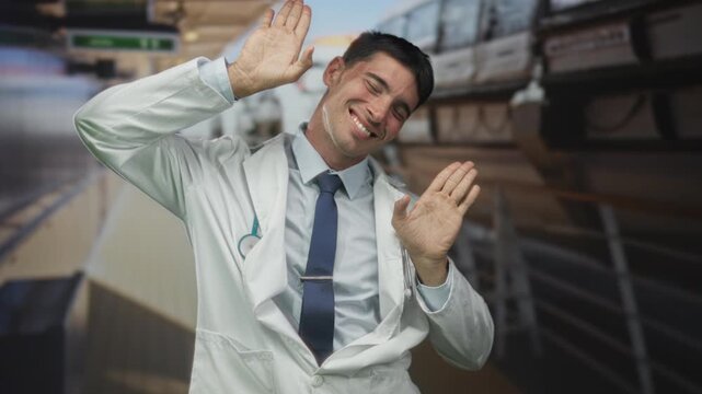 Man doctor wearing white coat and stethoscope raises both open palms at port quay under clear daylight; dedication.