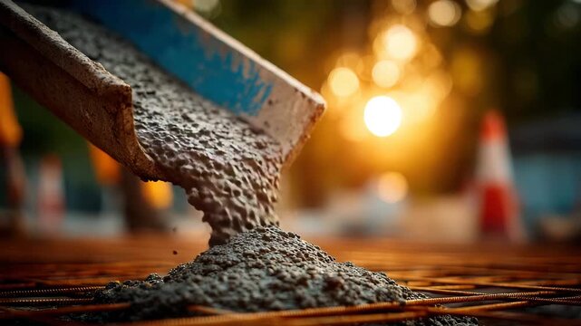 Construction worker pouring concrete on steel rebar at sunset