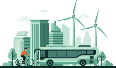 Fototapeta premium Green city transportation electric bus, cyclist, wind turbines, and sustainable buildings