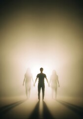 Silhouetted Figures Walking Toward Bright Light in Foggy Atmosphere