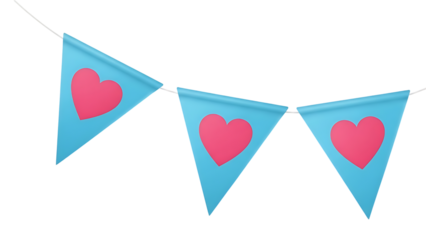 Blue triangular flags with pink hearts