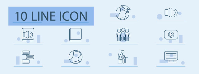 E-learning set icon. Audio, globe, speaker, book, group, video, dialog, ball, desk, screen. Study, communication, online, language, platform, education, media, digital, teamwork, course.