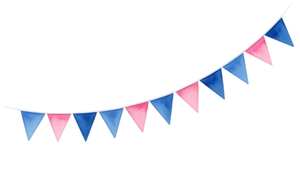 Blue and pink triangular flags on string