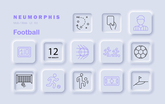 Football set icon. Displays players, goal, tactics, referee, whistle, field, card, scoreboard, flag, jersey, motion, ball, pass in neumorphic sports tiles