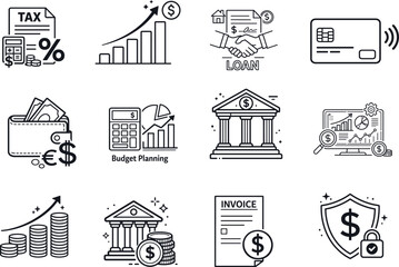 Fototapeta premium finance icons, financial icons, banking icons, payment symbols, investment icons, money management, finance dashboard, accounting icons, business finance, fintech icons, budgeting tools, financial ana