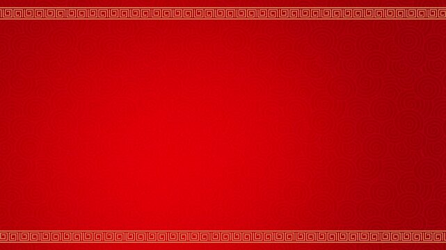 Loop animation of a gold asian oriental borders moving horizontally to create an elegant decorative frame, against a red gradient background. Concept of chinese new year celebration, copy space.