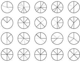 A collection of 20 pie charts with varying shaded sections