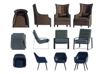 3D render of armchairs in various styles on a transparent background
