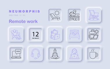 Remote work set icon. Includes laptop, person, bed, coffee, headset, chat, backpack, suitcase, chair, and working scenes in neumorphic modern style