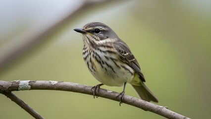 A woodland bird rests on a branch, showing fine feather textures and subtle natural colors against a soft forest backdrop.