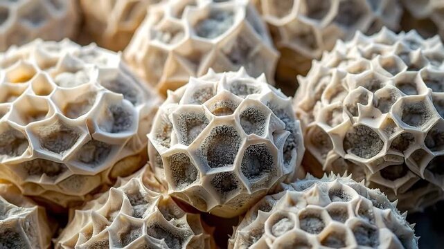 Close-up of textured, spherical objects with intricate geometric patterns, creating an abstract background.
